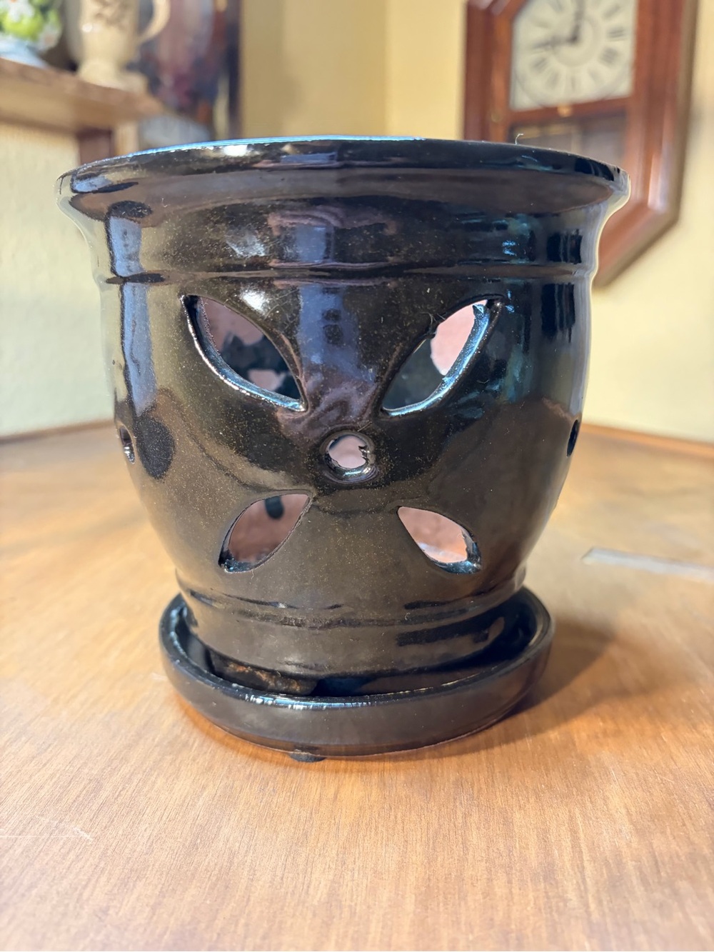 Glossy Black Glazed Ceramic Orchid Pot w/Attached Humidity Drip Tray 5.5"-tall